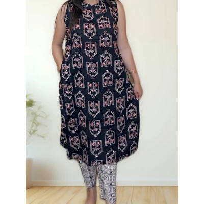 A model wearing Pure Cotton Black Ethnic Kurti Pant Set For Women