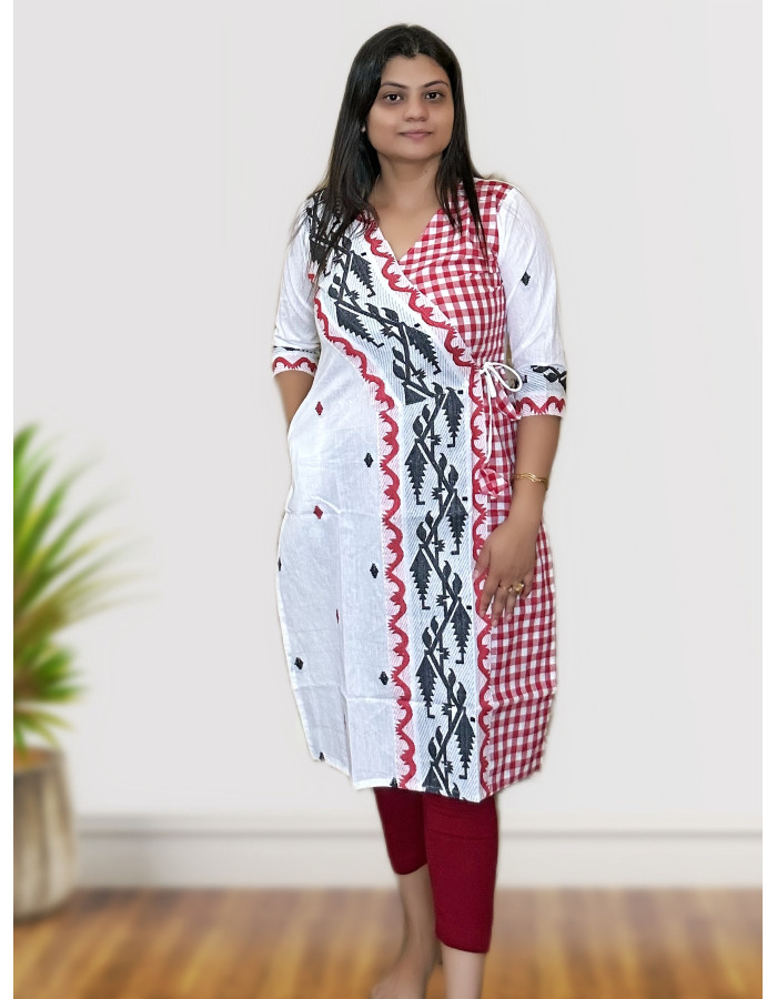 A model wearing Pure Cotton Jamdani Kurti For Women A model wearing Pure Cotton Jamdani Kurti For Women
