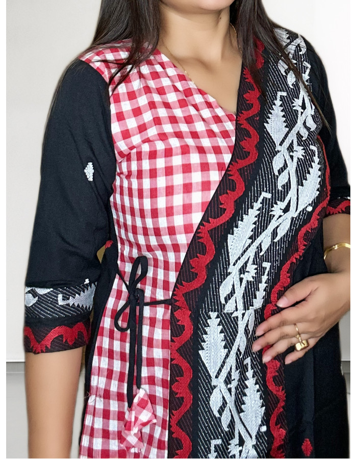 A model wearing Half N Half Jamdani Kurti For Women A model wearing Half N Half Jamdani Kurti For Women