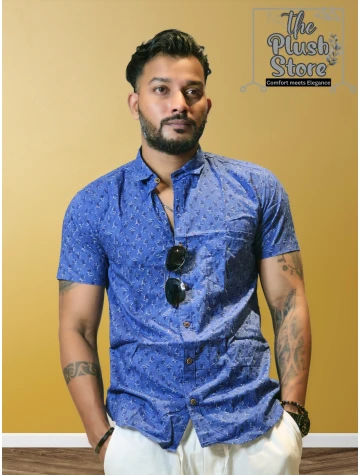 100% Cotton Blue Printed Semi casual Shirt For Men  100% Cotton Blue Printed Semi casual Shirt For Men data-sizes=