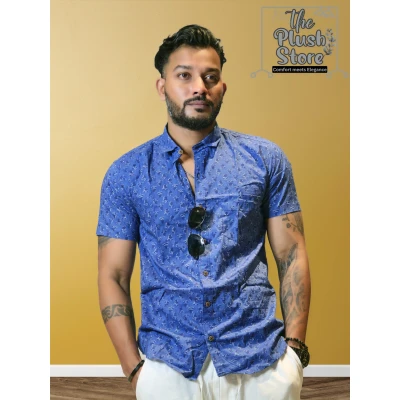 100% Cotton Blue Printed Semi casual Shirt For Men