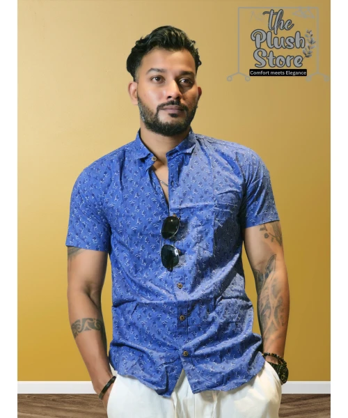 100% Cotton Blue Printed Semi casual Shirt For Men