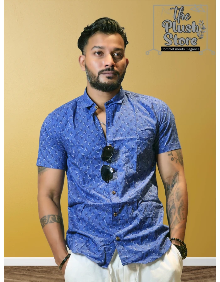 A model wearing 100% Cotton Blue Printed Semi casual Shirt For Men A model wearing 100% Cotton Blue Printed Semi casual Shirt For Men
