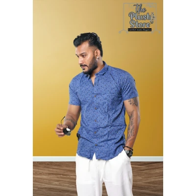 100% Cotton Blue Printed Semi casual Shirt For Men