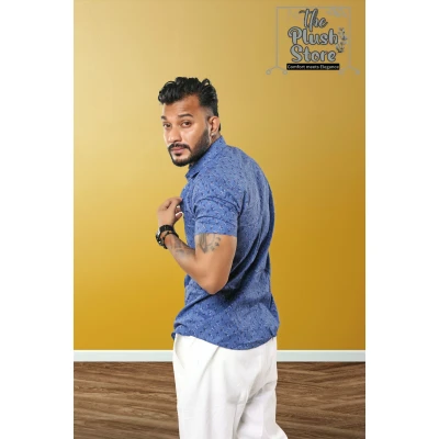 100% Cotton Blue Printed Semi casual Shirt For Men