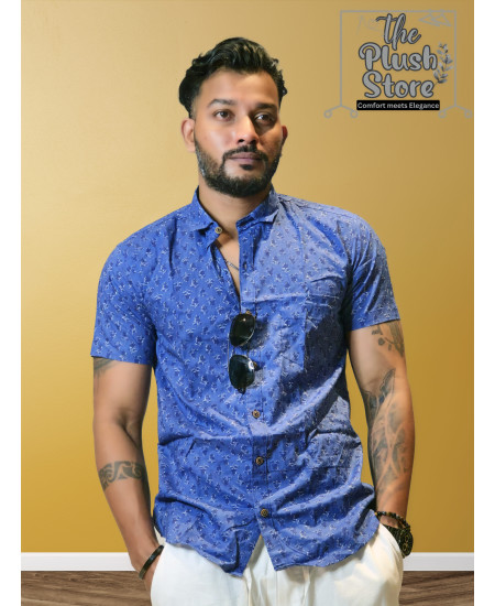 100% Cotton Blue Printed Semi casual Shirt For Men