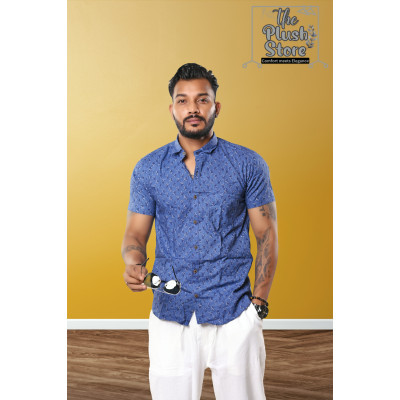 100% Cotton Blue Printed Semi casual Shirt For Men