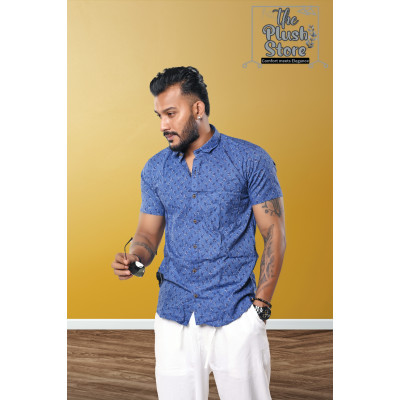 100% Cotton Blue Printed Semi casual Shirt For Men