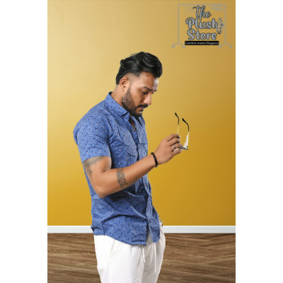 100% Cotton Blue Printed Semi casual Shirt For Men
