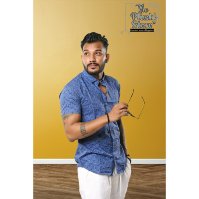 100% Cotton Blue Printed Semi casual Shirt For Men