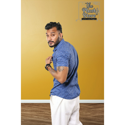 100% Cotton Blue Printed Semi casual Shirt For Men