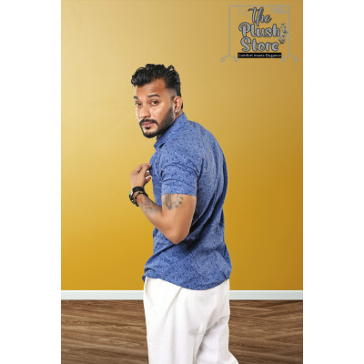 100% Cotton Blue Printed Semi casual Shirt For Men