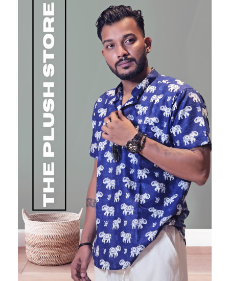 Pure Cotton Blue Printed Semi casual Shirt with white Gajraj Print For Men