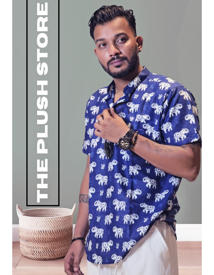 Pure Cotton Blue Printed Semi casual Shirt with white Gajraj Print For Men Pure Cotton Blue Printed Semi casual Shirt with white Gajraj Print For Men