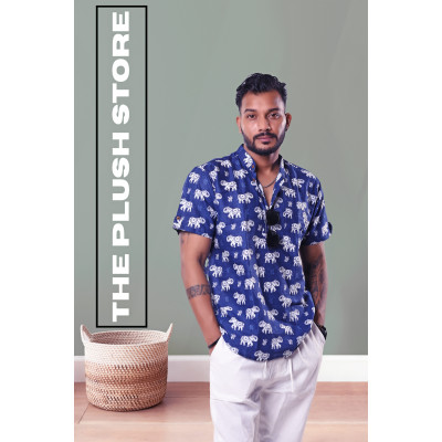 Pure Cotton Blue Printed Semi casual Shirt with white Gajraj Print For Men