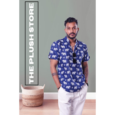 Pure Cotton Blue Printed Semi casual Shirt with white Gajraj Print For Men