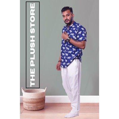 Pure Cotton Blue Printed Semi casual Shirt with white Gajraj Print For Men