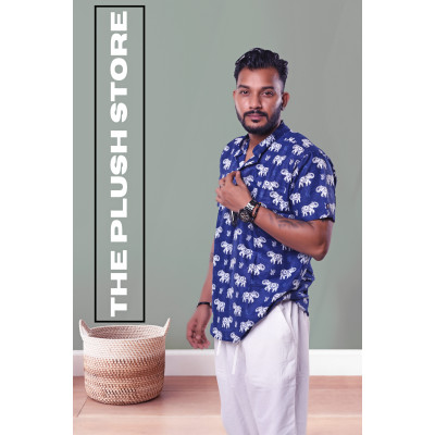 Pure Cotton Blue Printed Semi casual Shirt with white Gajraj Print For Men