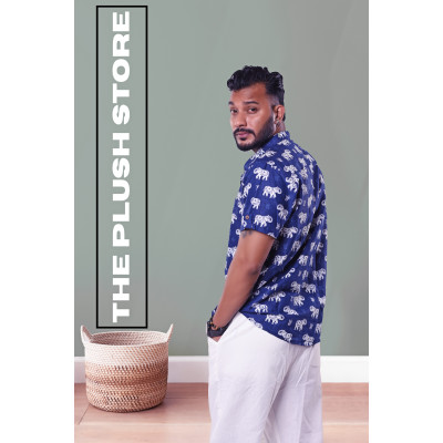 Pure Cotton Blue Printed Semi casual Shirt with white Gajraj Print For Men