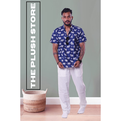 Pure Cotton Blue Printed Semi casual Shirt with white Gajraj Print For Men