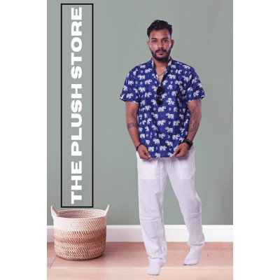 Pure Cotton Blue Printed Semi casual Shirt with white Gajraj Print For Men
