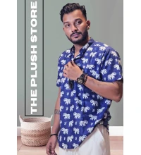 Pure Cotton Blue Printed Semi casual Shirt with white Gajraj Print For Men