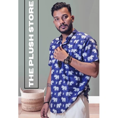 Pure Cotton Blue Printed Semi casual Shirt with white Gajraj Print For Men