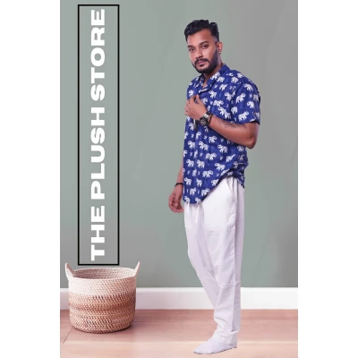 Pure Cotton Blue Printed Semi casual Shirt with white Gajraj Print For Men
