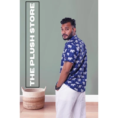 Pure Cotton Blue Printed Semi casual Shirt with white Gajraj Print For Men