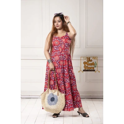 A model wearing Pure Cotton Spaghetti Long dress for Women A model wearing Pure Cotton Spaghetti Long dress for Women