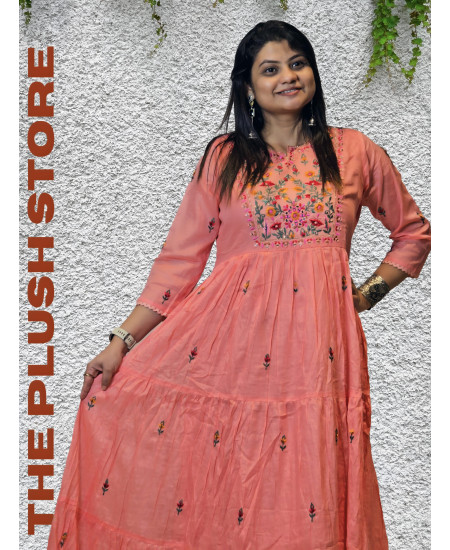 Pure Cotton Peach Long Gown with embroidery work For women