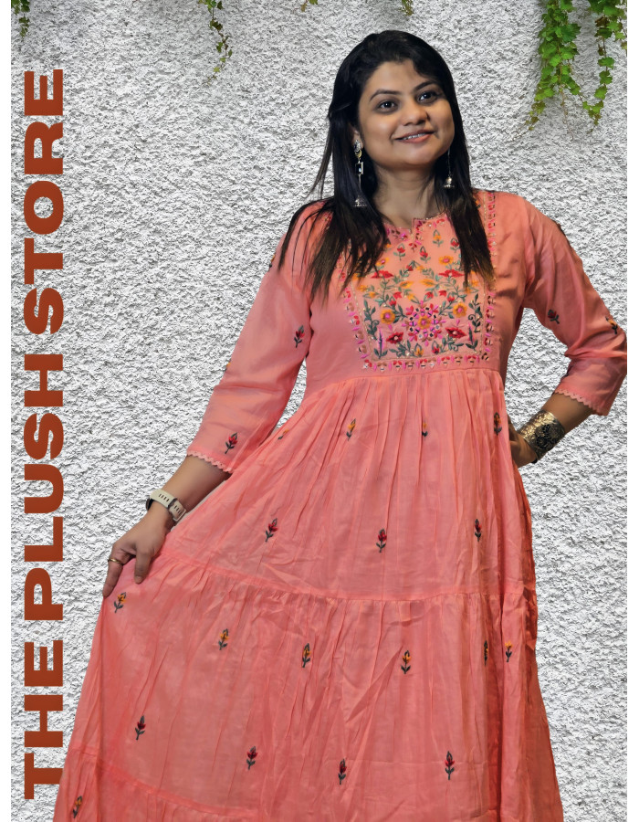 Pure Cotton Peach Long Gown with embroidery work For women