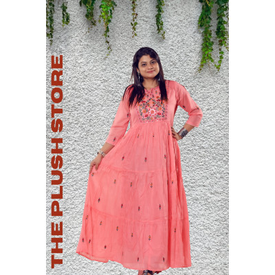 Pure Cotton Peach Long Gown with embroidery work For women