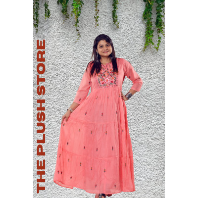 Pure Cotton Peach Long Gown with embroidery work For women
