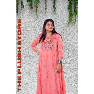 Pure Cotton Peach Long Gown with embroidery work For women