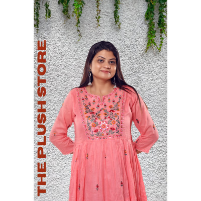 Pure Cotton Peach Long Gown with embroidery work For women