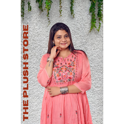 Pure Cotton Peach Long Gown with embroidery work For women