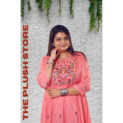 Pure Cotton Peach Long Gown with embroidery work For women