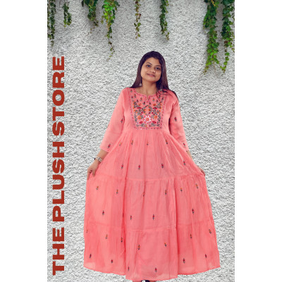 Pure Cotton Peach Long Gown with embroidery work For women