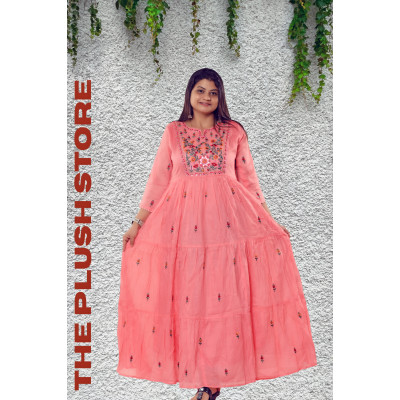 Pure Cotton Peach Long Gown with embroidery work For women