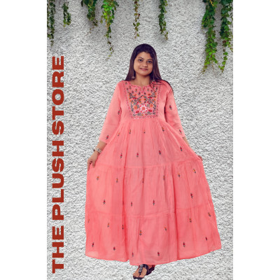 Pure Cotton Peach Long Gown with embroidery work For women