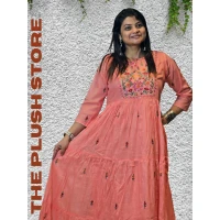 Pure Cotton Peach Long Gown with embroidery work For women