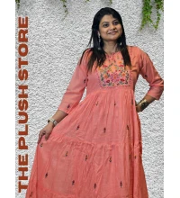 Pure Cotton Peach Long Gown with embroidery work For women