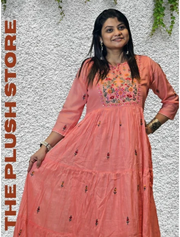 Pure Cotton Peach Long Gown with embroidery work For women  Pure Cotton Peach Long Gown with embroidery work For women data-sizes=
