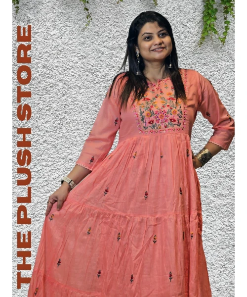 Pure Cotton Peach Long Gown with embroidery work For women