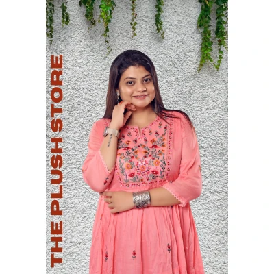 Pure Cotton Peach Long Gown with embroidery work For women