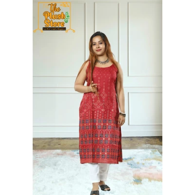 A model wearing Women's Spaghetti Maroon Kurti A model wearing Women's Spaghetti Maroon Kurti