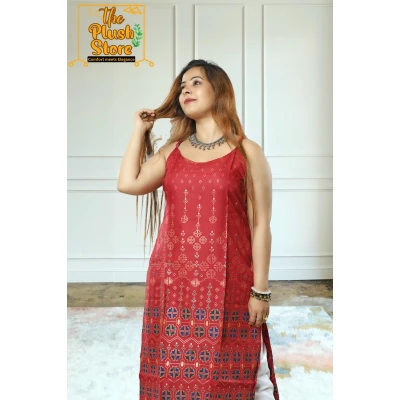 A model wearing Women's Spaghetti Maroon Kurti A model wearing Women's Spaghetti Maroon Kurti