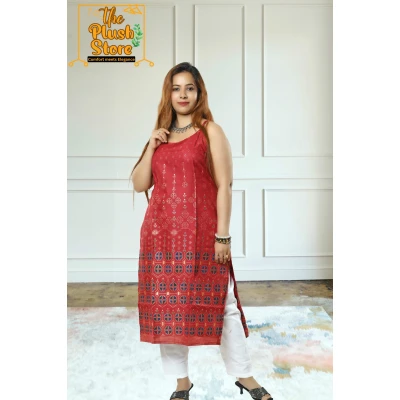 A model wearing Women's Spaghetti Maroon Kurti A model wearing Women's Spaghetti Maroon Kurti