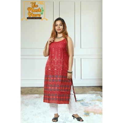A model wearing Women's Spaghetti Maroon Kurti A model wearing Women's Spaghetti Maroon Kurti